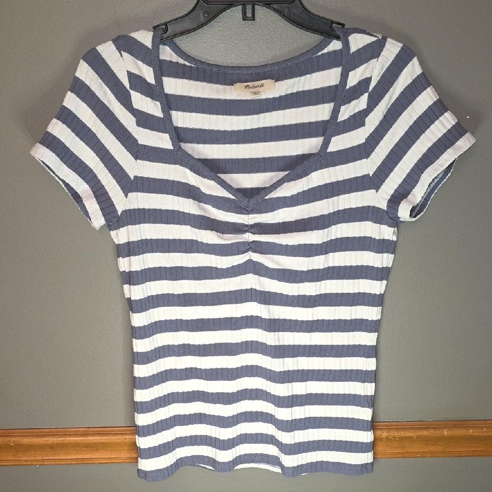 Madewell Blue and White Striped Short Sleeve Top